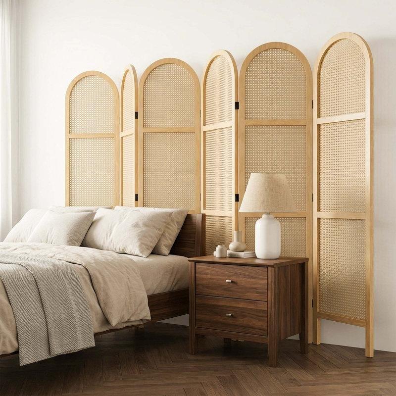 Natürel Çam Ahşap El Örgüsü Rattan Katlanır Paravan - 171x240 cm - 321733