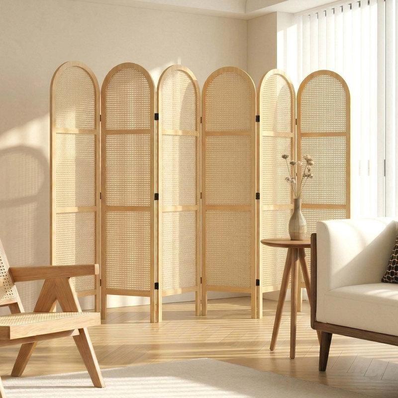 Natürel Çam Ahşap El Örgüsü Rattan Katlanır Paravan - 171x240 cm - 321733