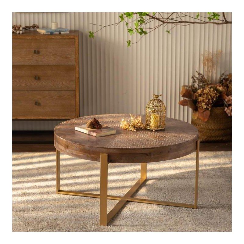 Naturel Köknar Ağacı ve Metal Retro Tasarım Çapraz Ayaklı Yuvarlak Orta Sehpa - 88x45 cm - 242111