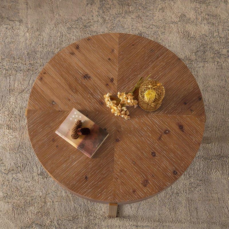 Naturel Köknar Ağacı ve Metal Retro Tasarım Çapraz Ayaklı Yuvarlak Orta Sehpa - 88x45 cm - 242111
