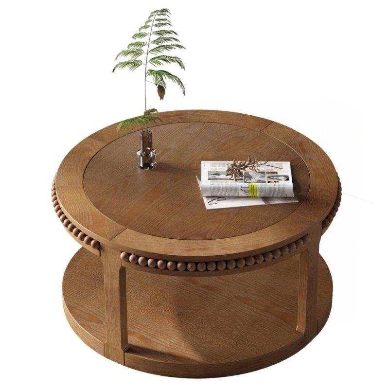 Naturel Masif Ahşap İki Katlı Depolama Raflı Yuvarlak Orta Sehpa - 81x46 cm - 243507