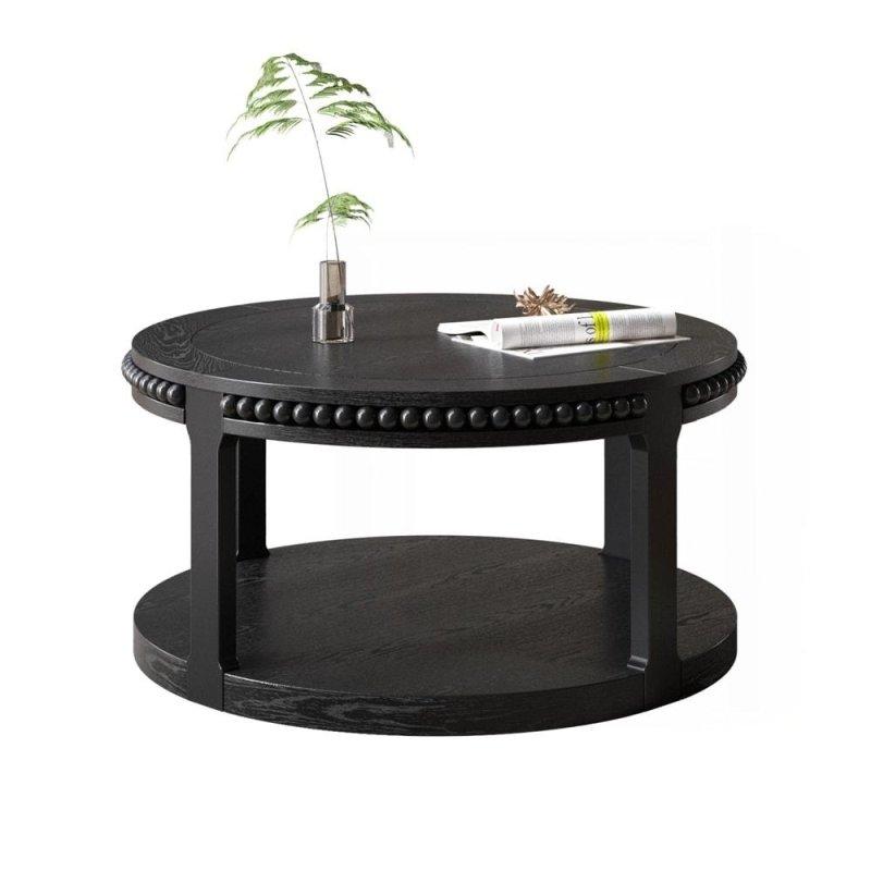 Naturel Masif Ahşap İki Katlı Depolama Raflı Yuvarlak Orta Sehpa - 81x46 cm - 243507