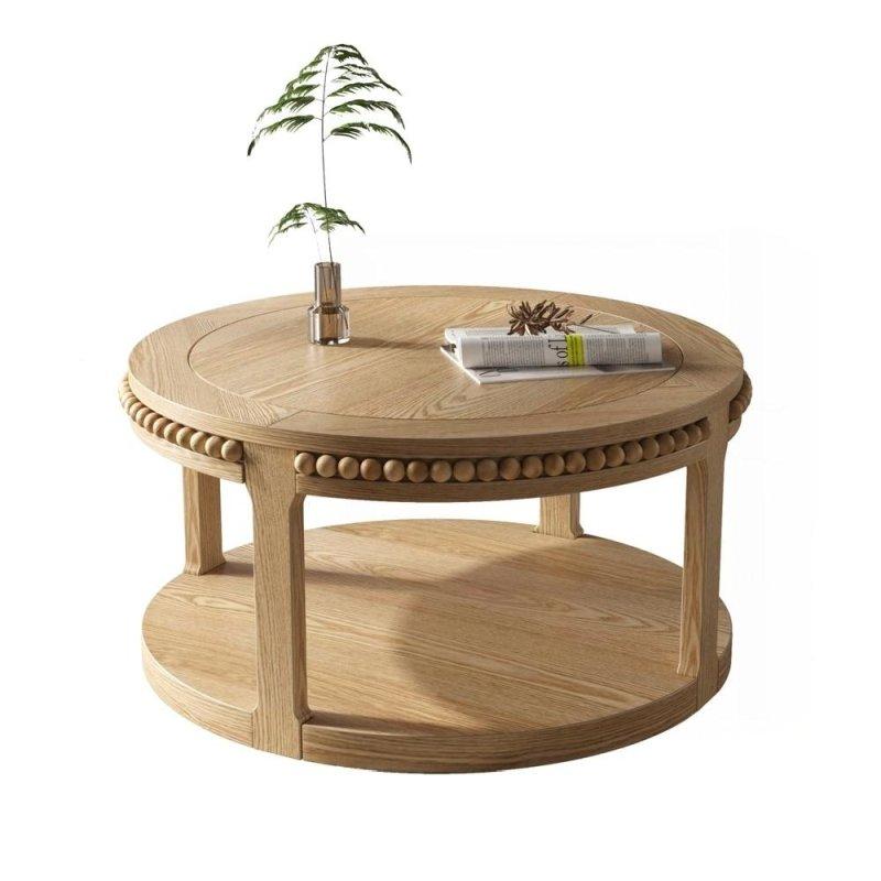 Naturel Masif Ahşap İki Katlı Depolama Raflı Yuvarlak Orta Sehpa - 81x46 cm - 243507