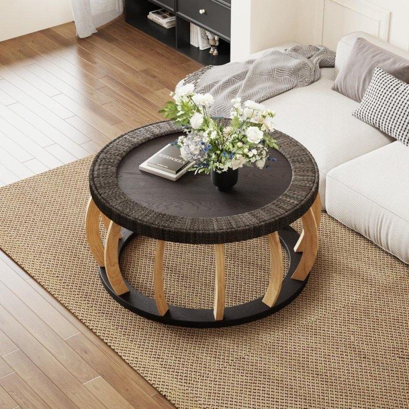 Naturel Masif Ahşap Kavisli Ayaklı Rattan Yuvarlak Orta Sehpa - 243305