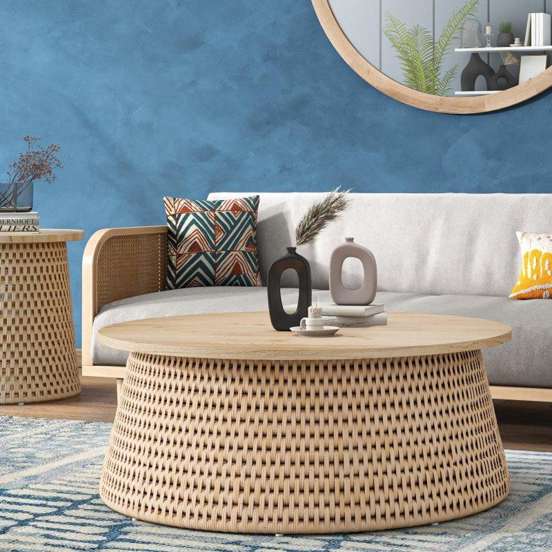 Naturel Masif Mindi Ağacı ve Rattan Tambur Tasarımlı Yuvarlak Orta Sehpa - 242912