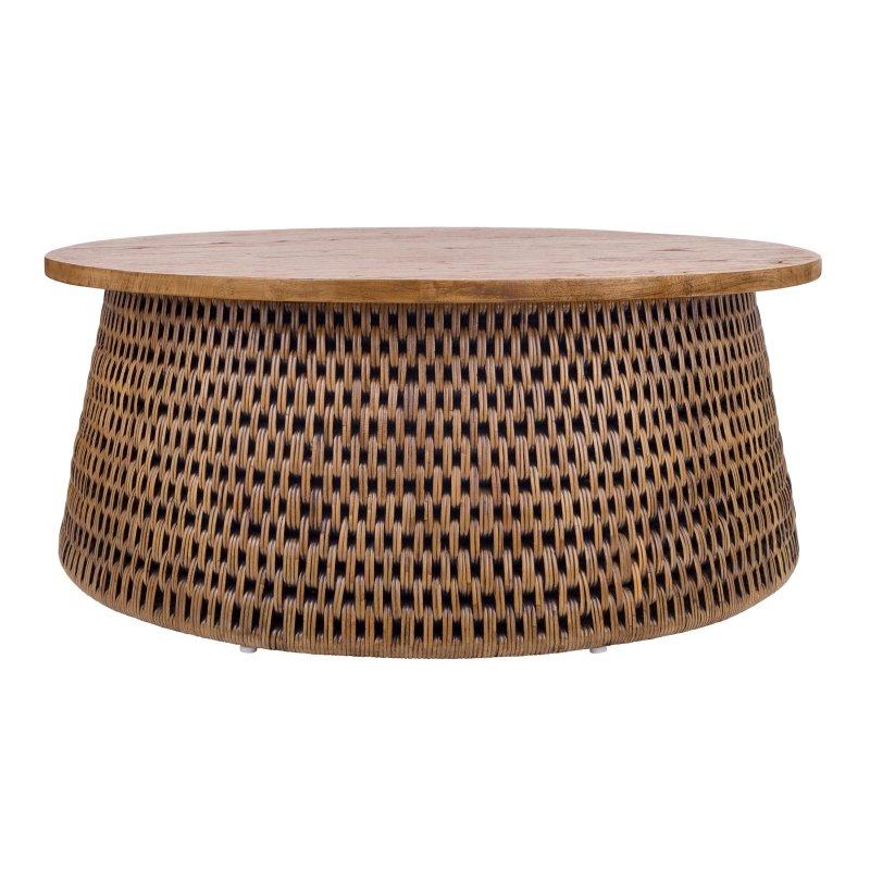 Naturel Masif Mindi Ağacı ve Rattan Tambur Tasarımlı Yuvarlak Orta Sehpa - 242912