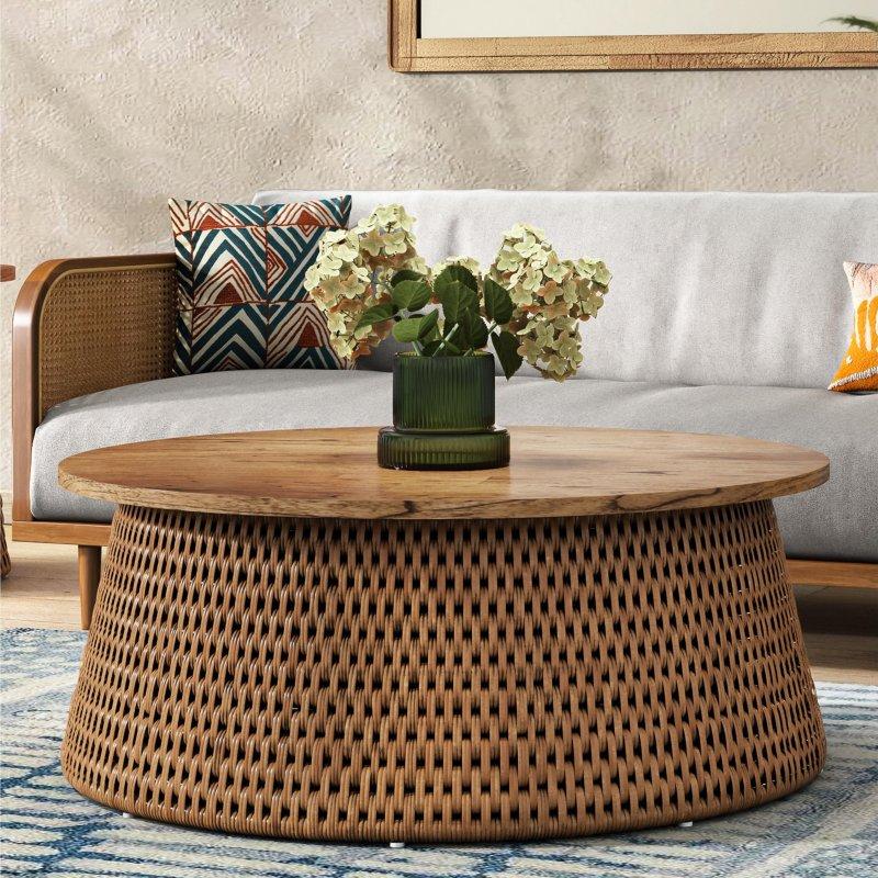 Naturel Masif Mindi Ağacı ve Rattan Tambur Tasarımlı Yuvarlak Orta Sehpa - 242912