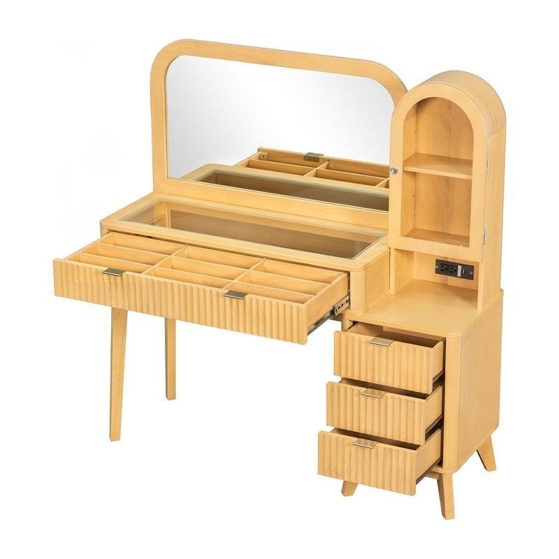 Natürel MDF Geniş Aynalı 4 Çekmeceli ve Dolaplı Makyaj Masalı Şifonyer - 122 cm - 309601