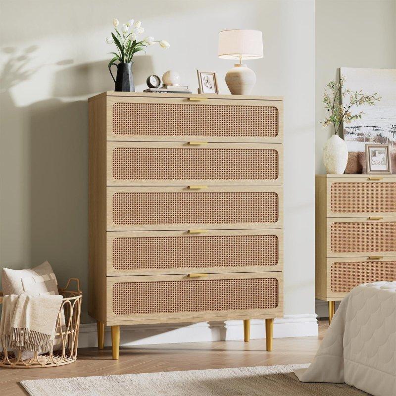 Naturel Rattan 5 Çekmeceli Metal Ayaklı Meşe Şifonyer - 294811