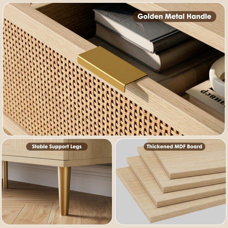 Naturel Rattan 5 Çekmeceli Metal Ayaklı Meşe Şifonyer - 294811