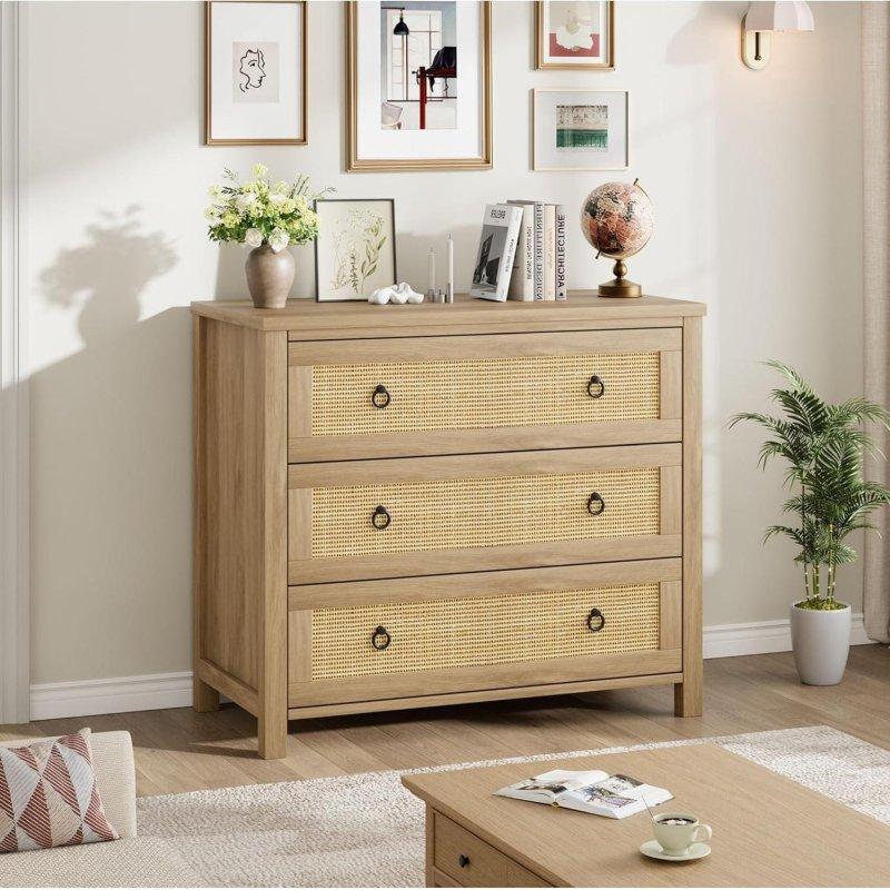 Natürel Rattan Detaylı 3 Çekmeceli MDF Şifonyer - 296360