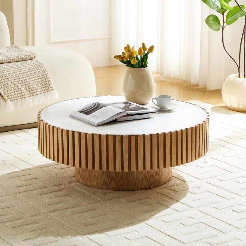 Naturel Sinterlenmiş Taş Tablalı MDF Tambur Ayaklı Modern Yuvarlak Orta Sehpa - 90 cm - 240011