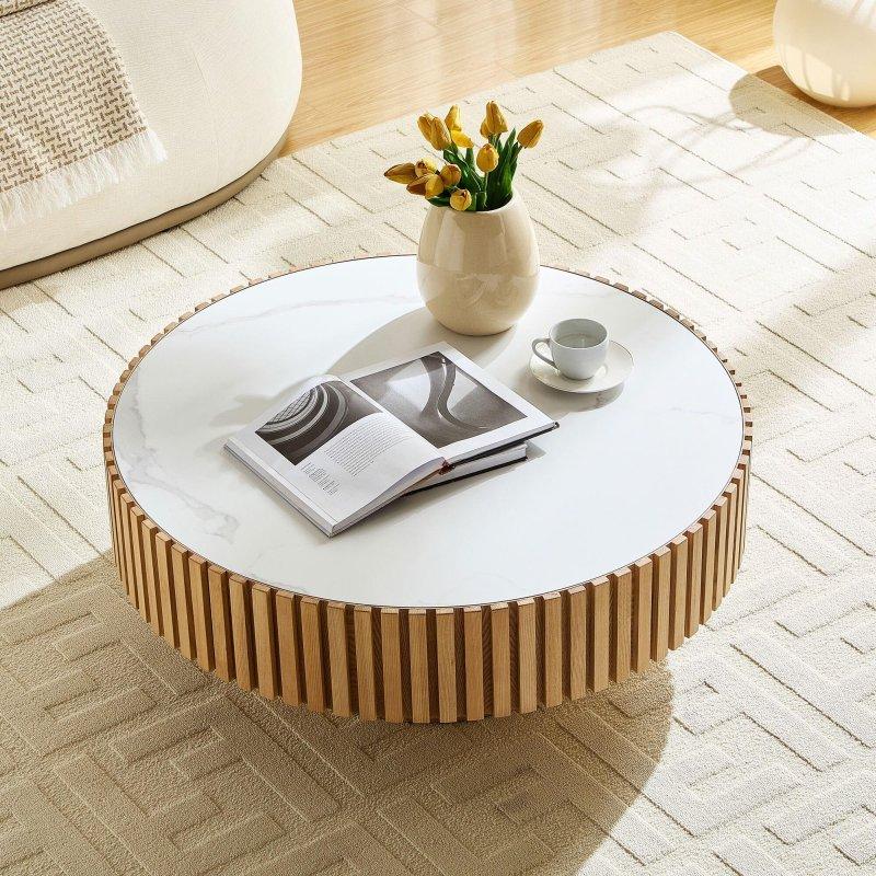 Naturel Sinterlenmiş Taş Tablalı MDF Tambur Ayaklı Modern Yuvarlak Orta Sehpa - 90 cm - 240011