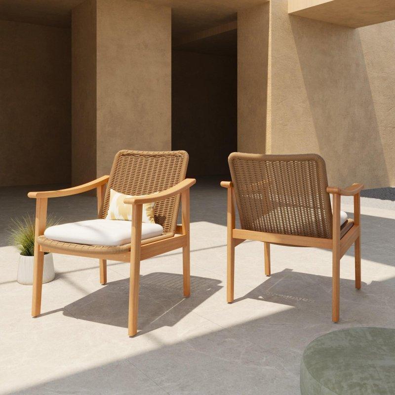 Naturel ve Kahverengi Masif Akasya Ahşap Kolçaklı Hava Koşullarına Dayanıklı PE Rattan Sandalye - 60x68x81 cm - 252168