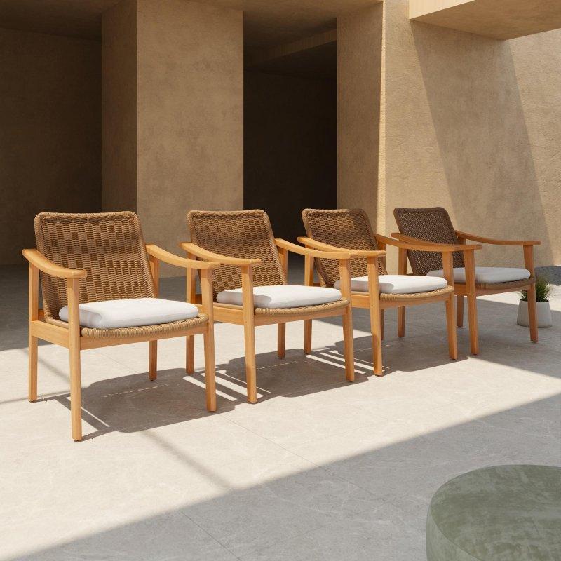 Naturel ve Kahverengi Masif Akasya Ahşap Kolçaklı Hava Koşullarına Dayanıklı PE Rattan Sandalye - 60x68x81 cm - 252168