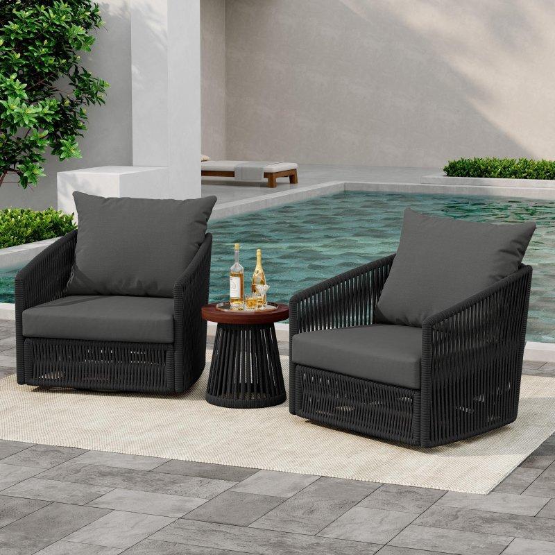 Naylon Örgü 360 Derece Döner Minderli 3 Parça Rattan Sandalye Seti - 251468