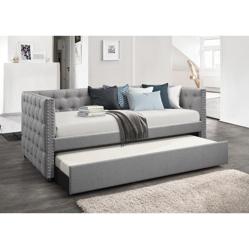 Orta Gri Keten Döşemeli Masif Ahşap ve MDF Kapitoneli Tekerlekli Yavru Yataklı Karyola - 108x217 cm - 328722