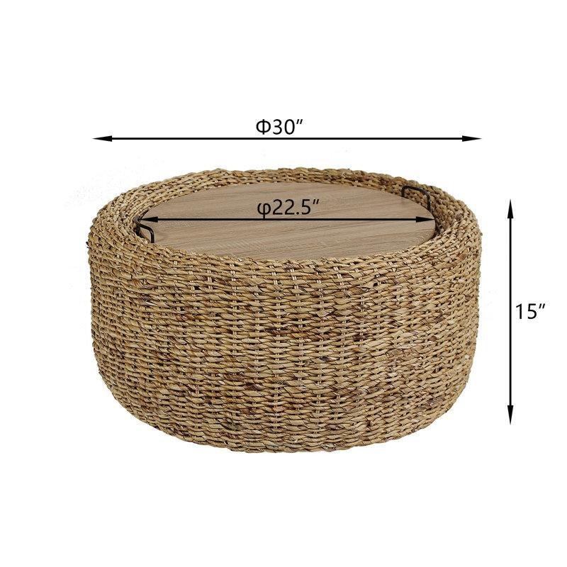 Orta Kahverengi Rattan Sepet Tasarımlı Saklama Alanlı Yuvarlak Orta Sehpa - 75 cm - 245498