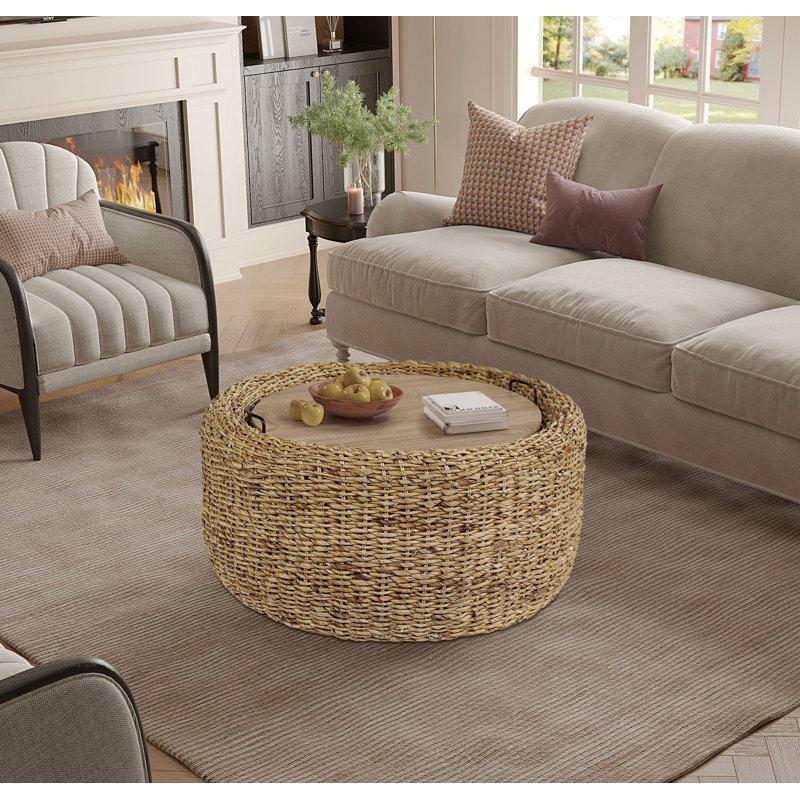 Orta Kahverengi Rattan Sepet Tasarımlı Saklama Alanlı Yuvarlak Orta Sehpa - 75 cm - 245498