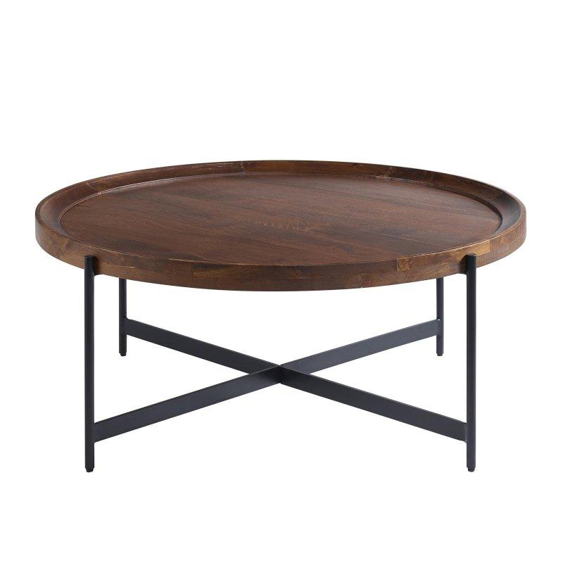 Orta Kestane Masif Akasya Ahşap Tepsili Metal Ayaklı Yuvarlak Orta Sehpa - 107 cm - 240524