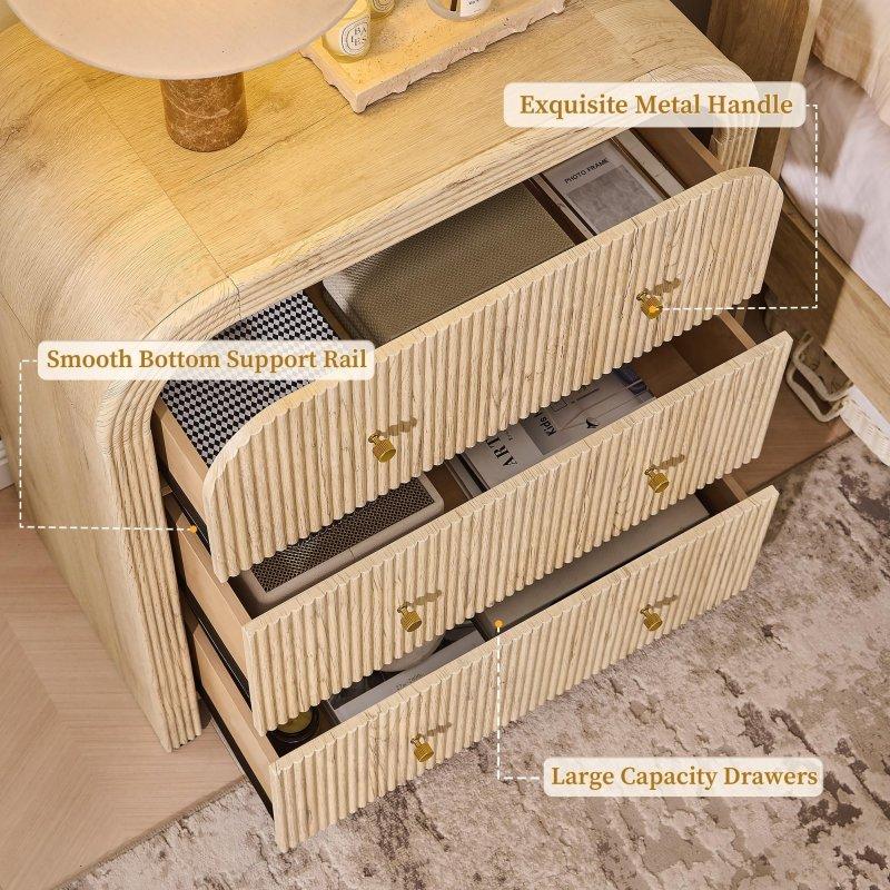 Orta Ton Ahşap MDF Dahili Şarj İstasyonlu 3 Çekmeceli Yivli Şifonyer - 299153