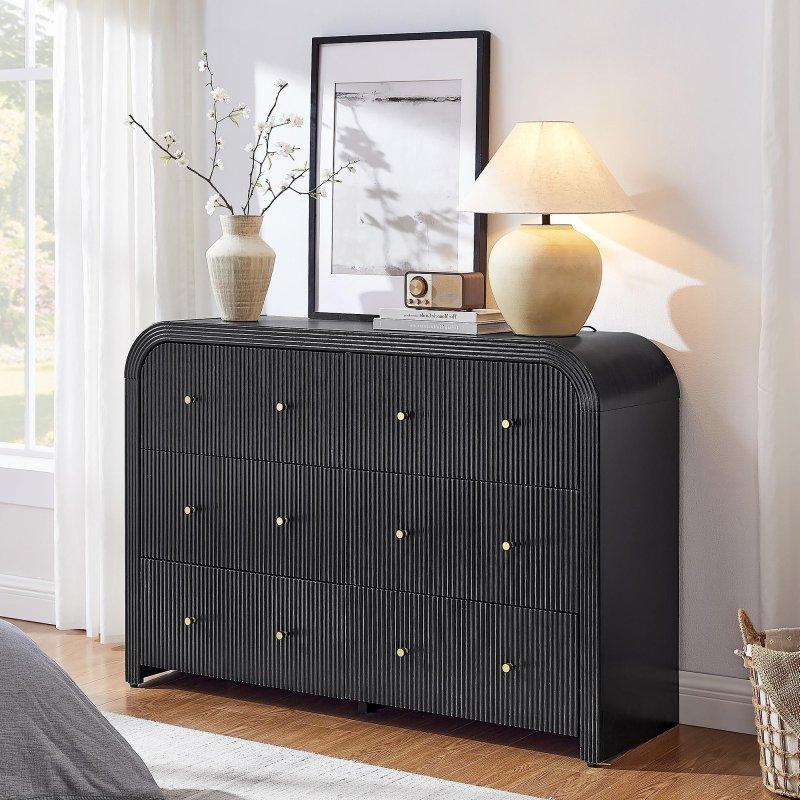 Orta Ton Ahşap MDF Yivli 6 Çekmeceli Pirinç Kulplu Şifonyer - 139 cm - 298290