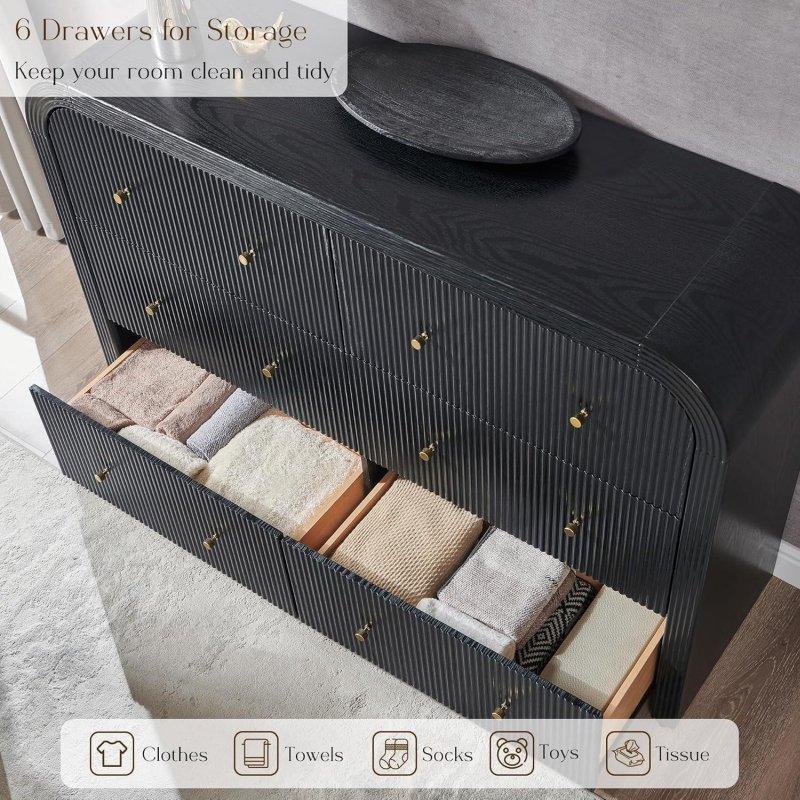 Orta Ton Ahşap MDF Yivli 6 Çekmeceli Pirinç Kulplu Şifonyer - 139 cm - 298290