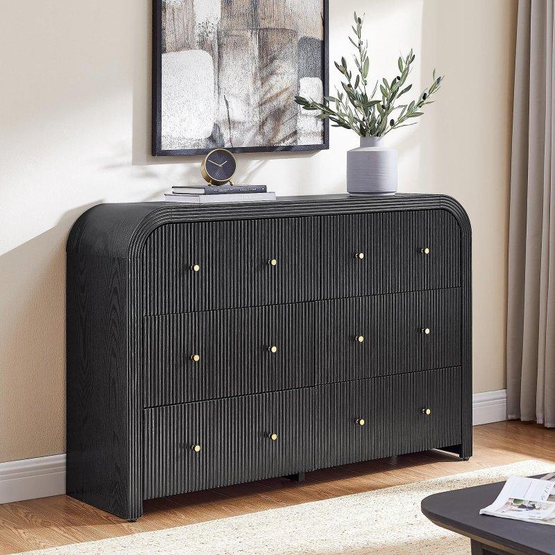 Orta Ton Ahşap MDF Yivli 6 Çekmeceli Pirinç Kulplu Şifonyer - 139 cm - 298290