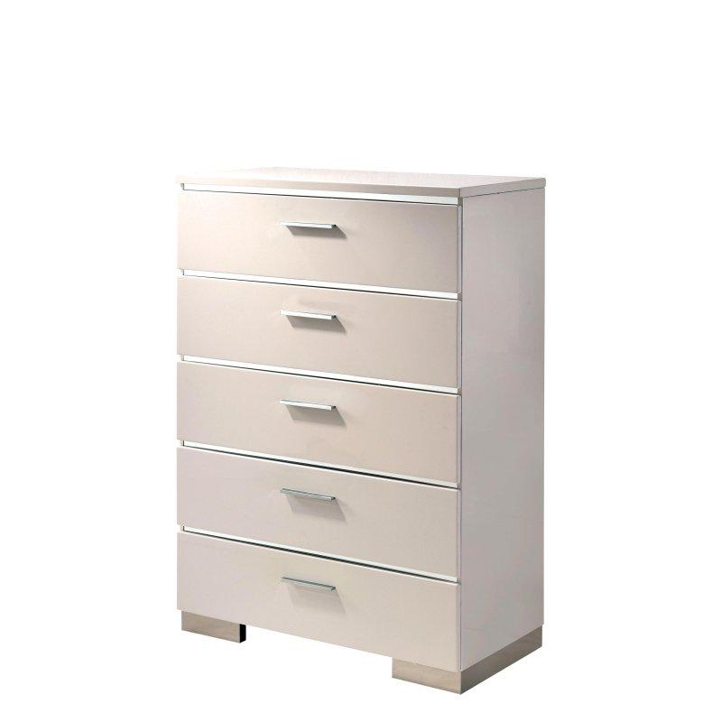 Parlak Beyaz Ahşap 5 Çekmeceli Krom Detaylı Şifonyer - 89 cm - 309118