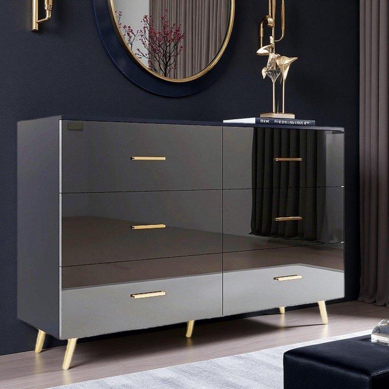 Parlak Beyaz Gold Kulplu Çelik Ayaklı 6 Çekmeceli Ahşap Şifonyer - 120x38x80 cm - 298865