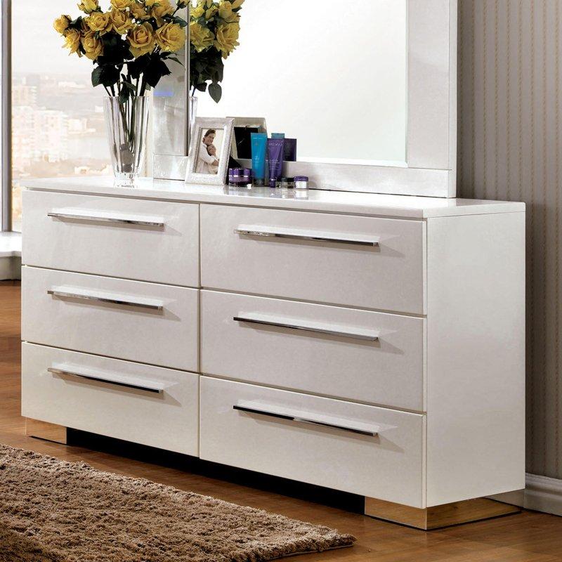 Parlak Beyaz Masif Ahşap 6 Çekmeceli Metal Kulplu Şifonyer - 161 cm - 308379