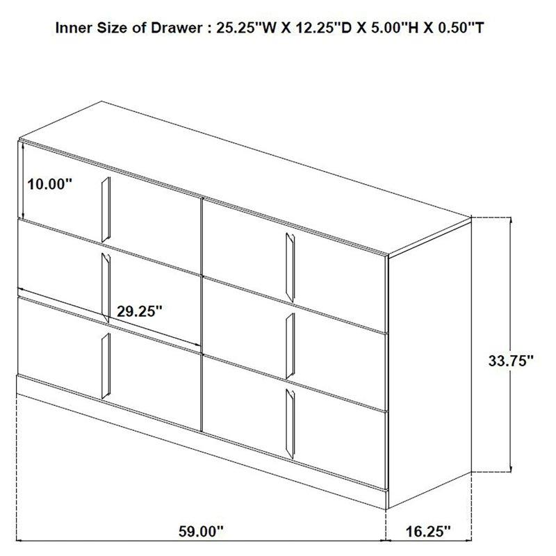 Parlak Beyaz MDF Aynalı 6 Çekmeceli Gold Kulplu Şifonyer - 150 cm - 307073