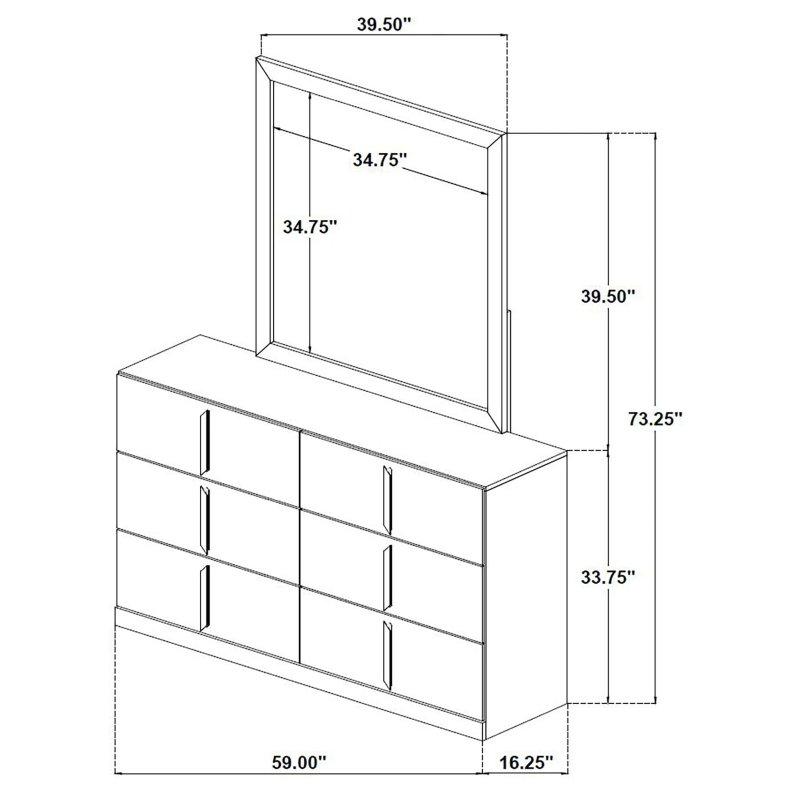 Parlak Beyaz MDF Aynalı 6 Çekmeceli Gold Kulplu Şifonyer - 150 cm - 307073