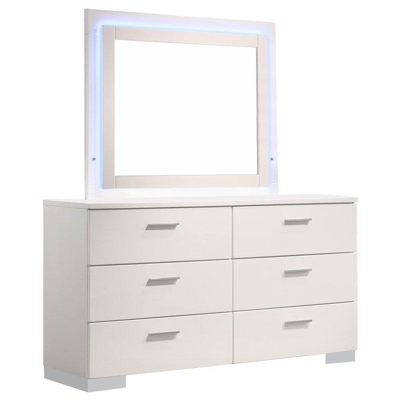 Parlak Beyaz MDF Aynalı 6 Çekmeceli Şifonyer - 161 cm - 300117