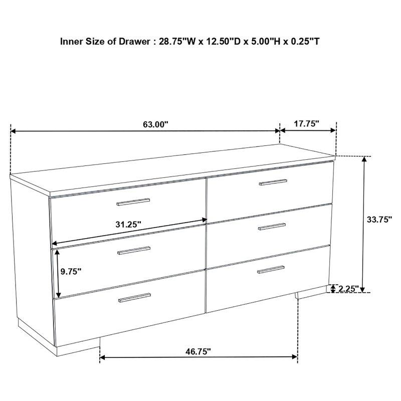 Parlak Beyaz MDF Aynalı 6 Çekmeceli Şifonyer - 161 cm - 300117