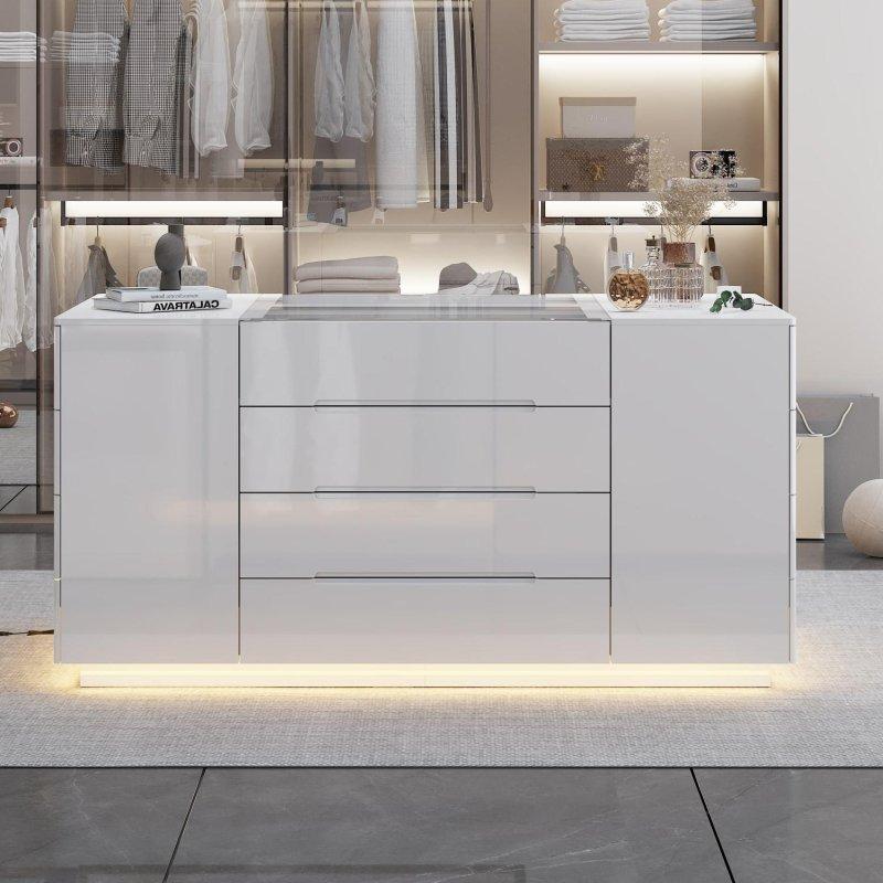Parlak Beyaz MDF ve Cam LED Aydınlatmalı 12 Çekmeceli Ada Şifonyer - 161x81x81 cm - 296879