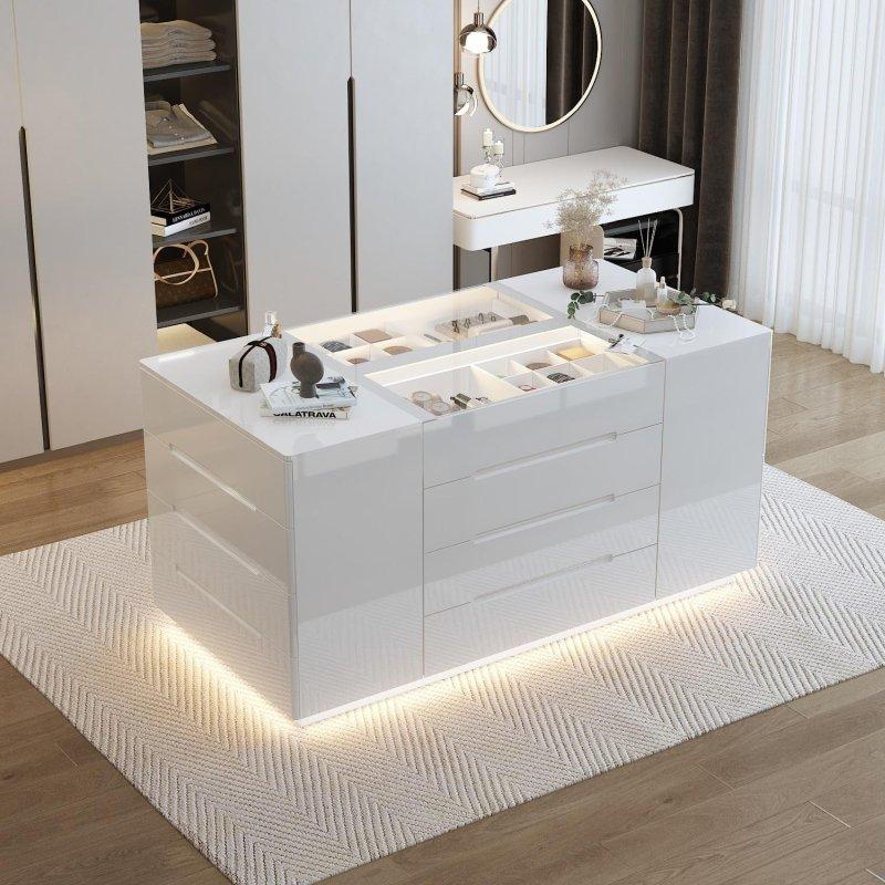 Parlak Beyaz MDF ve Cam LED Aydınlatmalı 12 Çekmeceli Ada Şifonyer - 161x81x81 cm - 296879
