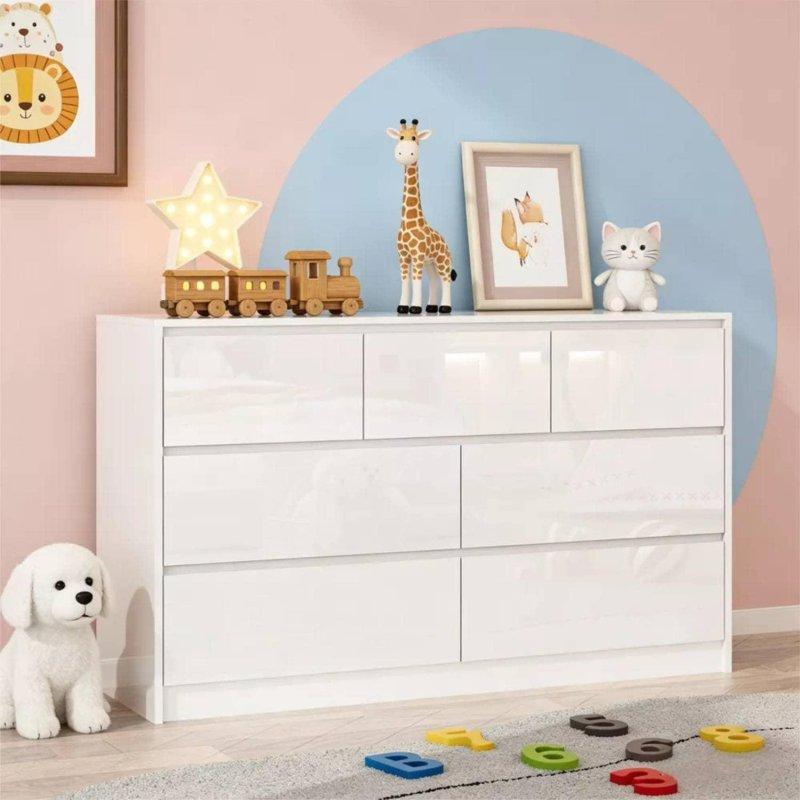 Parlak Beyaz Meşe Ahşap 7 Çekmeceli Geniş Şifonyer - 140 cm - 309791