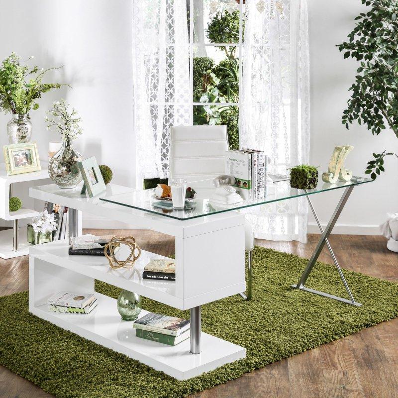 Parlak Beyaz Metal ve Cam S Raflı Dönüştürülebilir Ofis Masası - 151 cm - 327513