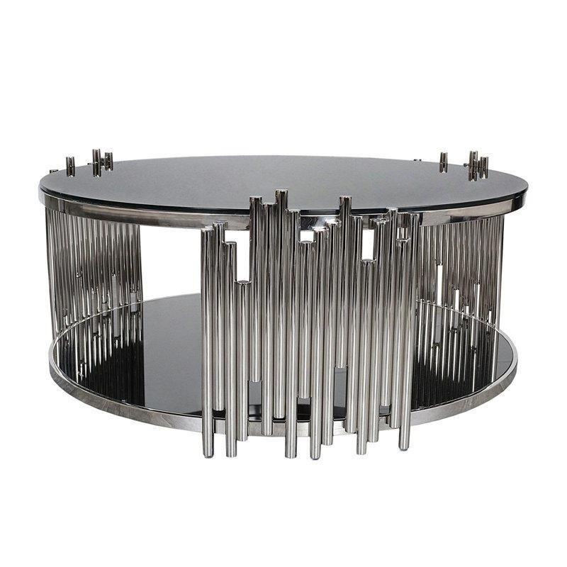 Parlak Gümüş Metal Aynalı Temperli Cam Yuvarlak Orta Sehpa - 99 cm - 244402