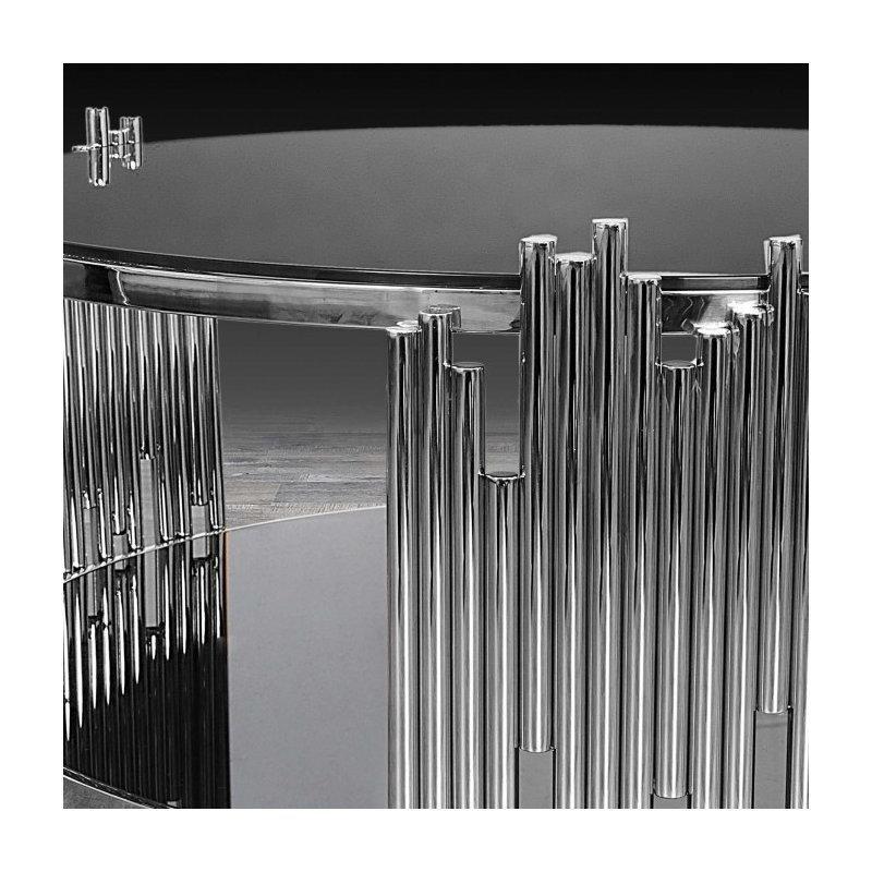 Parlak Gümüş Metal Aynalı Temperli Cam Yuvarlak Orta Sehpa - 99 cm - 244402