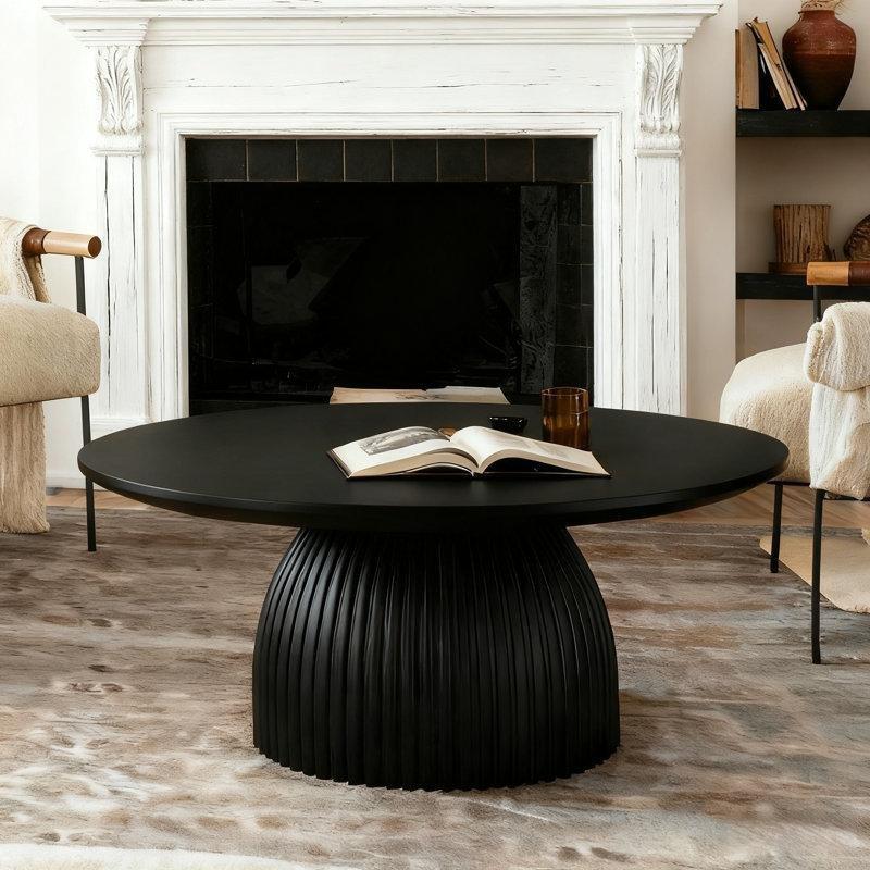 Parlak MDF Tablalı Yivli Reçine Kaideli Yuvarlak Orta Sehpa - 90 cm - 244568