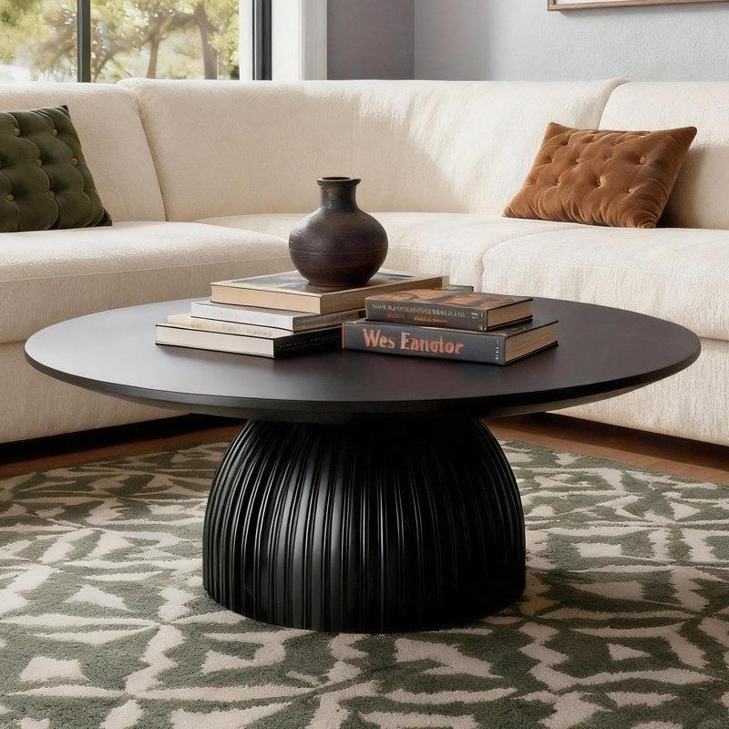 Parlak MDF Tablalı Yivli Reçine Kaideli Yuvarlak Orta Sehpa - 90 cm - 244568