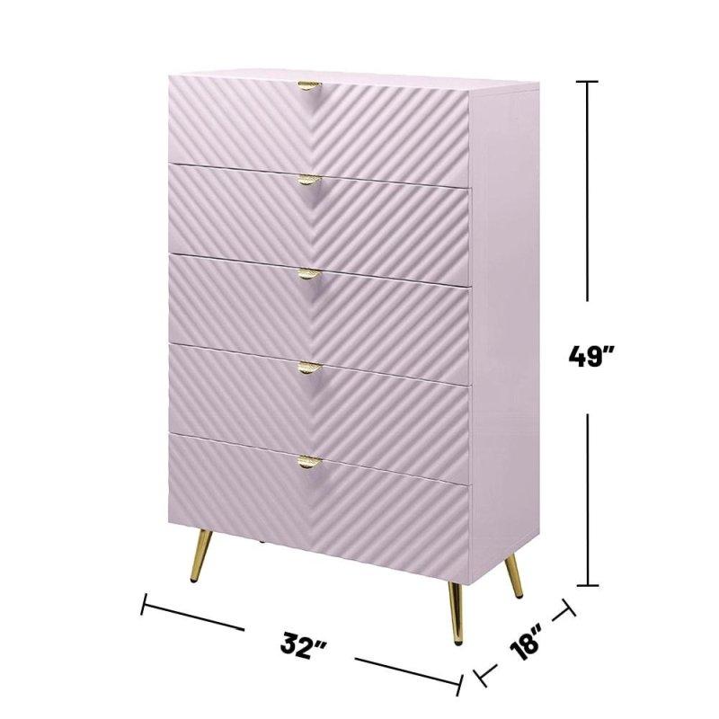 Parlak Pembe Metal Ayaklı 5 Çekmeceli Ahşap Şifonyer - 310624