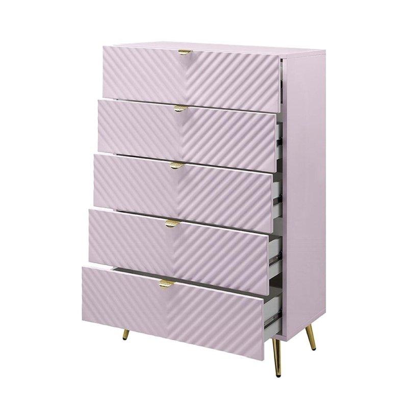 Parlak Pembe Metal Ayaklı 5 Çekmeceli Ahşap Şifonyer - 310624