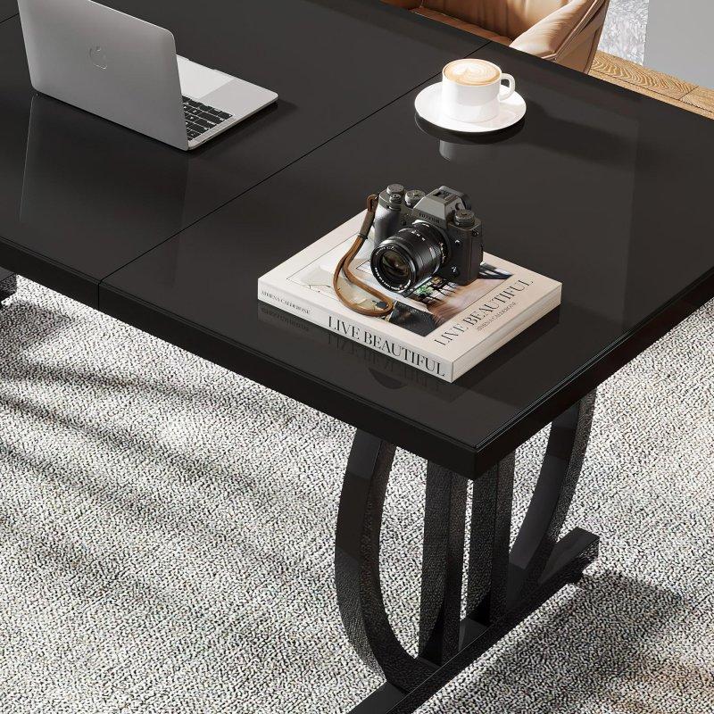 Parlak Siyah MDF ve Metal Geometrik Ayaklı Ofis Masası - 161x81 cm - 326739