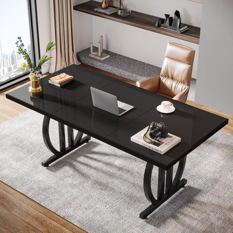 Parlak Siyah MDF ve Metal Geometrik Ayaklı Ofis Masası - 161x81 cm - 326739