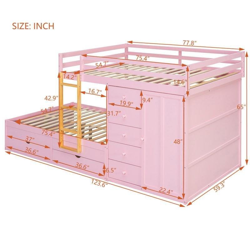 Pembe Ahşap Dolaplı ve 7 Çekmeceli Merdivenli Ranza - 151x314 cm - 248466