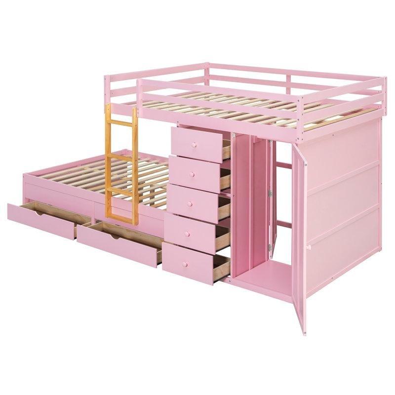 Pembe Ahşap Dolaplı ve 7 Çekmeceli Merdivenli Ranza - 151x314 cm - 248466