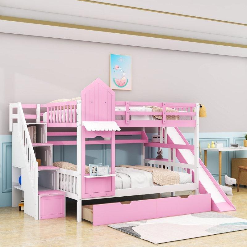 Pembe Beyaz Masif Ahşap Kaydıraklı Kitaplıklı ve Depolama Merdivenli Ranza - 248608